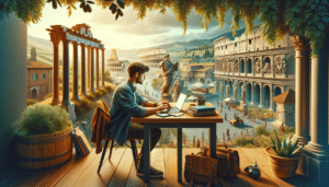 Academic Approach Tutoring and Test Prep | A man is sitting at a desk with a laptop in front of him in the Roman Empire.