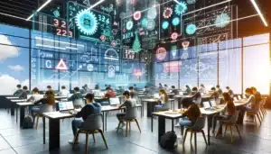 Academic Approach Tutoring and Test Prep | Students working on laptops in a modern classroom with futuristic digital learning interface graphics in the foreground.