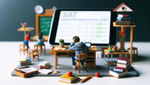 Academic Approach Tutoring and Test Prep | A miniature figure studies in a simulated classroom environment with a focus on sat preparation.