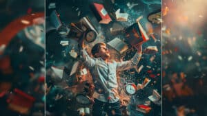 Academic Approach Tutoring and Test Prep | A young man surrounded by floating books and clocks with a dynamic, cosmic background, expressing wonder.