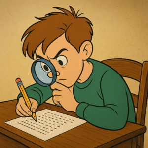 Academic Approach Tutoring and Test Prep | A cartoon boy sits at a desk, holding a magnifying glass in one hand and a pencil in the other, closely examining and writing on a piece of paper.