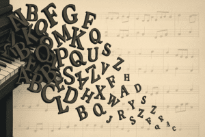 Academic Approach Tutoring and Test Prep | Piano keys with 3D letters spilling out, overlaying a background of sheet music.