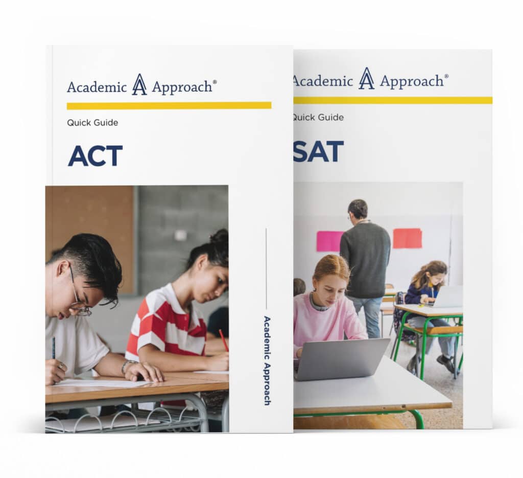 Academic Approach Tutoring and Test Prep | Two booklets titled "ACT Quick Guide" and "SAT Quick Guide" from Academic Approach are shown. Each cover features students working at desks in classrooms, focused on their tasks.