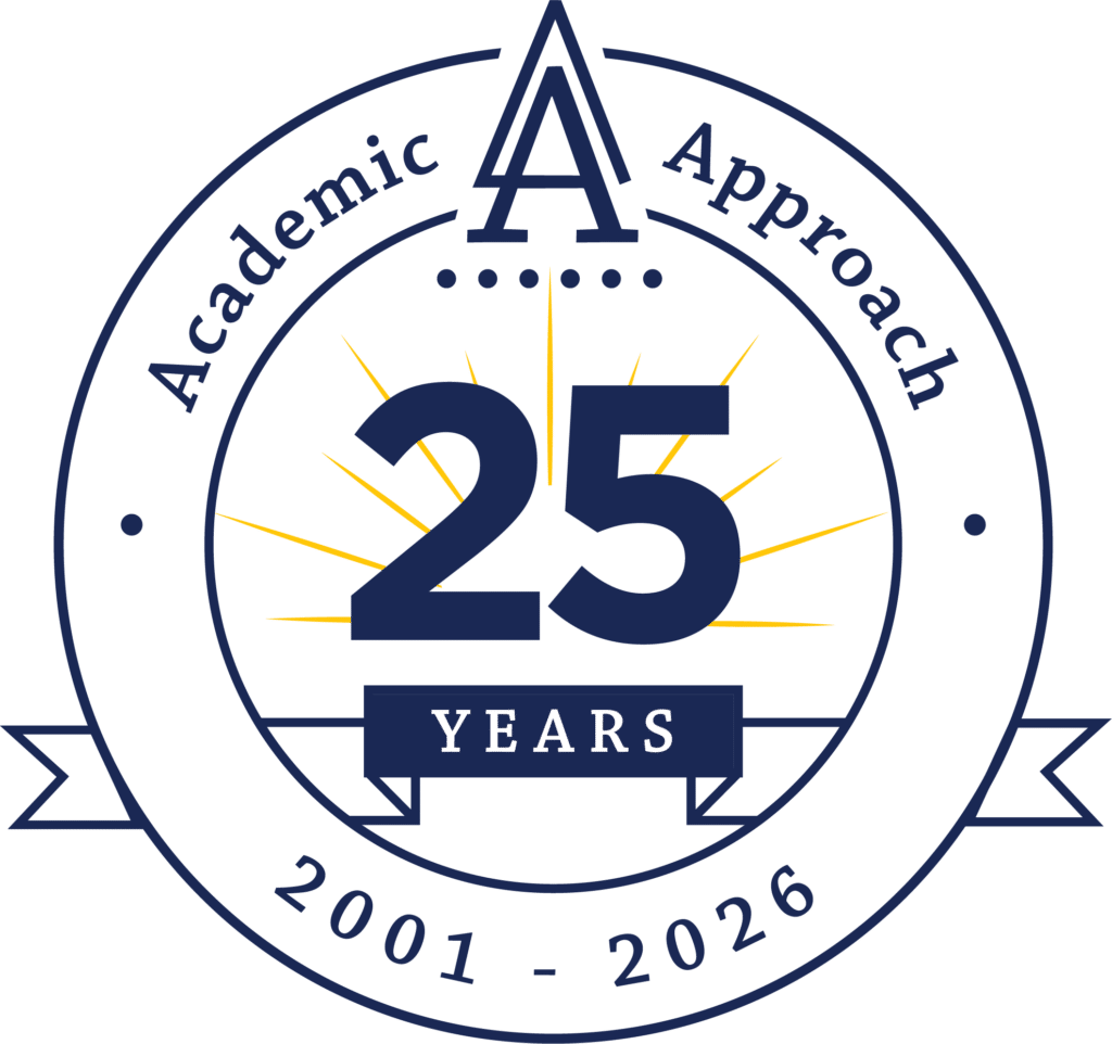 Academic Approach Tutoring and Test Prep | Circular logo with “Academic Approach” at the top, “2001 - 2026” at the bottom, and a large “25 YEARS” in the center with yellow rays, marking a 25-year anniversary.