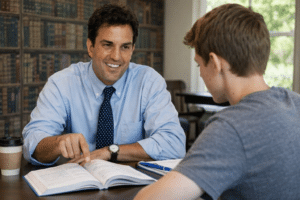 Academic Approach Tutoring and Test Prep | A man in a dress shirt and tie smiles and points to a page in an open book while sitting across from a teenage boy in a casual shirt, likely tutoring him at a table with more books and a coffee cup.