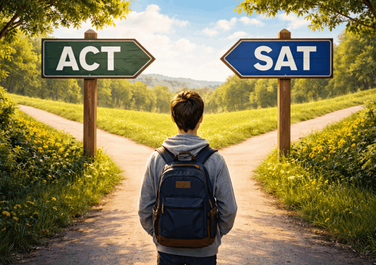 Academic Approach Tutoring and Test Prep | A student with a backpack stands at a forked path in a sunny park, facing two signs: one pointing left labeled “ACT” and one pointing right labeled “SAT,” symbolizing a choice between the two exams.