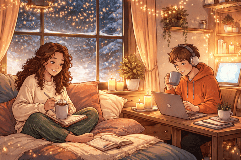 Academic Approach Tutoring and Test Prep | Two people relax in a cozy, warmly lit room during winter. One sits on a bed with a mug and book, smiling, while the other, wearing headphones, works on a laptop at a desk. Snow falls outside the window. Candles and plants decorate the scene.